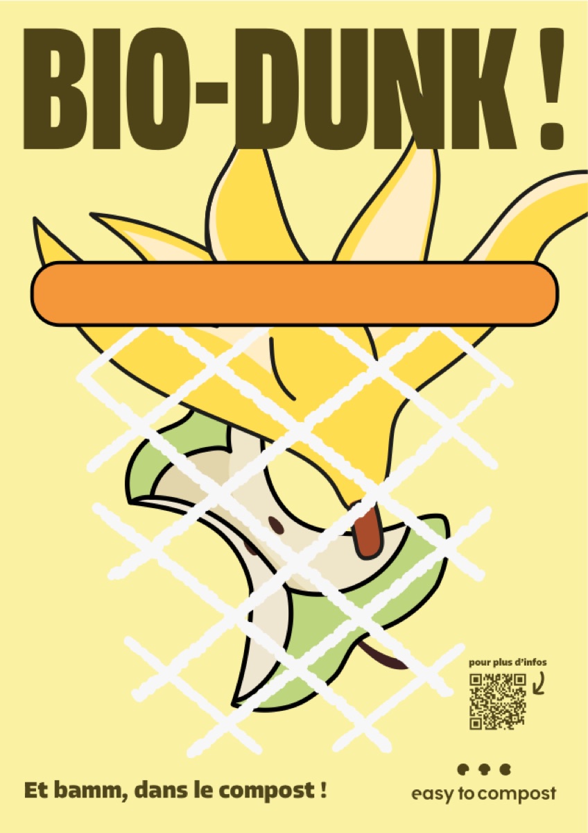 Affiche Bio-Dunk : une peau de banane et un trognon de pomme passent dans un panier de basket, avec la phrase « Et bamm, dans le compost ! »