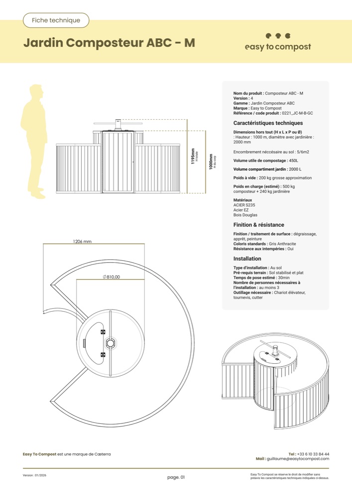 Aper&ccedil;u de la fiche technique du jardin composteur ABC&nbsp;: plans cot&eacute;s et caract&eacute;ristiques