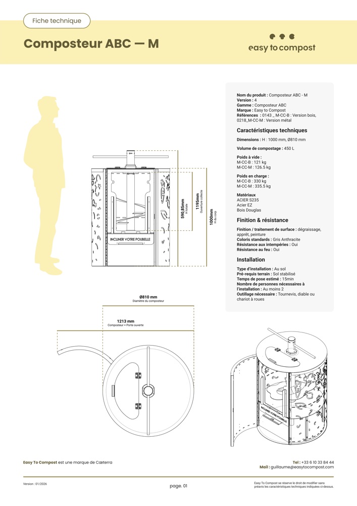 Aper&ccedil;u de la fiche technique du composteur ABC mod&egrave;le M&nbsp;: plans cot&eacute;s et caract&eacute;ristiques