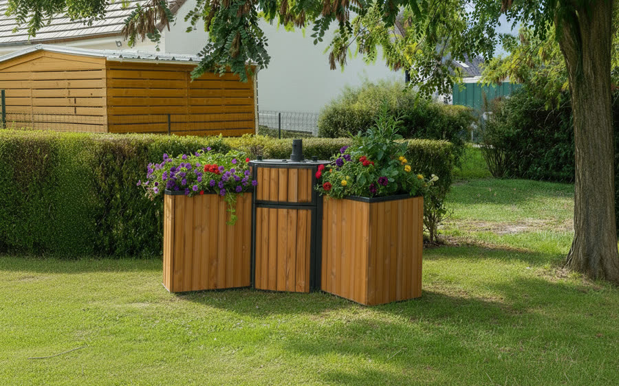 Bepflanzter Garten-Komposter auf einer kommunalen Rasenfläche