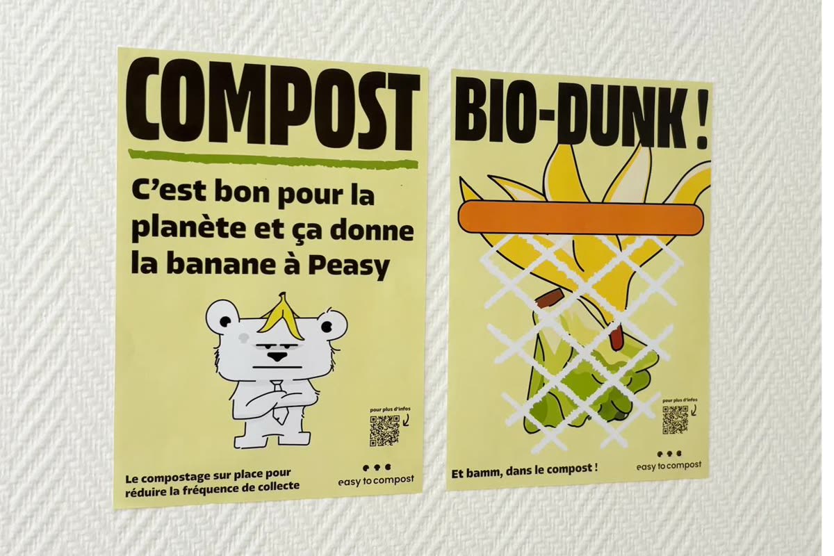 Les deux affiches du kit&nbsp;: la sensibilisation avec Peazy et les r&egrave;gles de tri